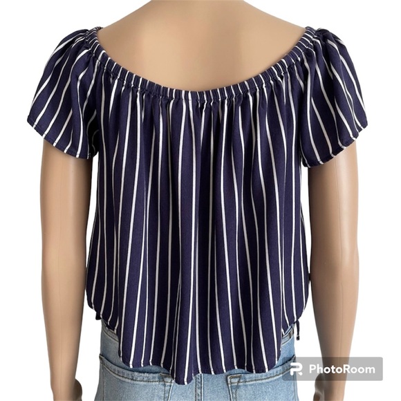 Divided Blue & White Striped Short Flutter Sleeve Cropped Blouse Top - Picture 2 of 7